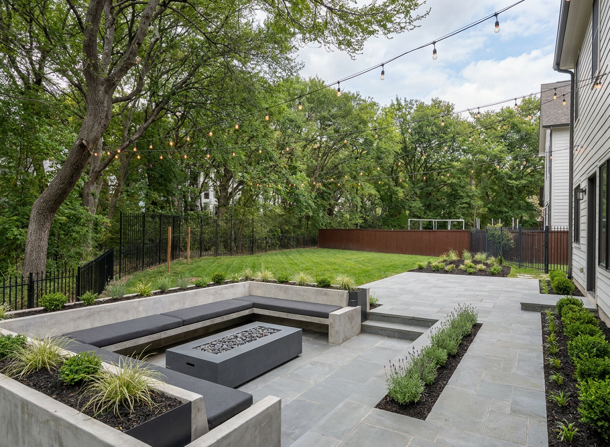 ScapeBuilder render of the same backyard with a sunken firepit lounge and paver patio