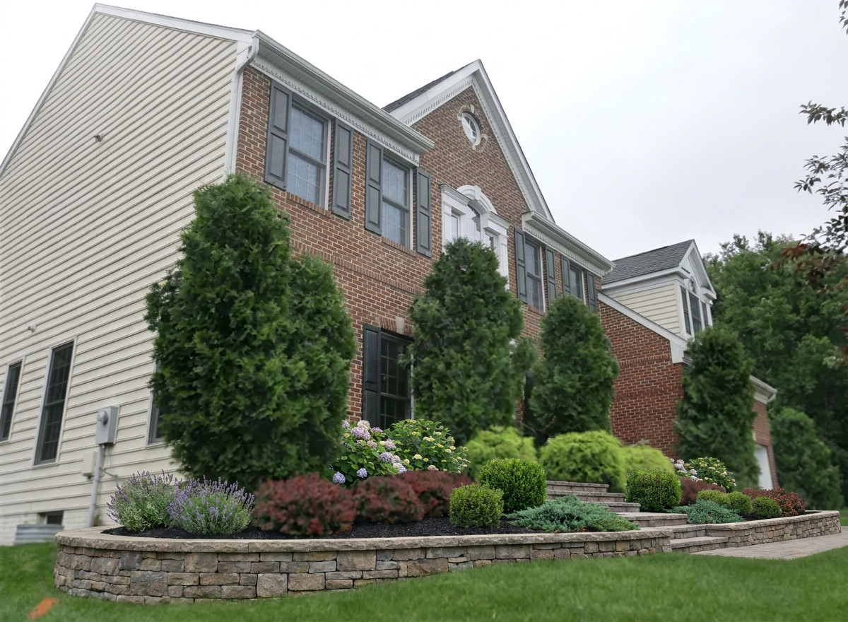 ScapeBuilder render of the same brick home with new landscaping
